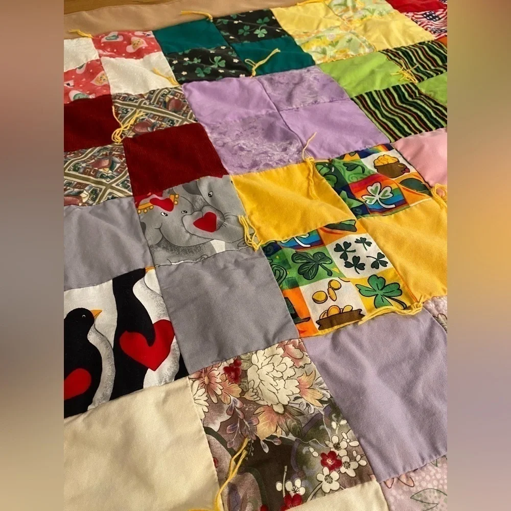 Patchwork Tied Cottagecore Quilt w/a Winter Blue Snowman Scene on Backside